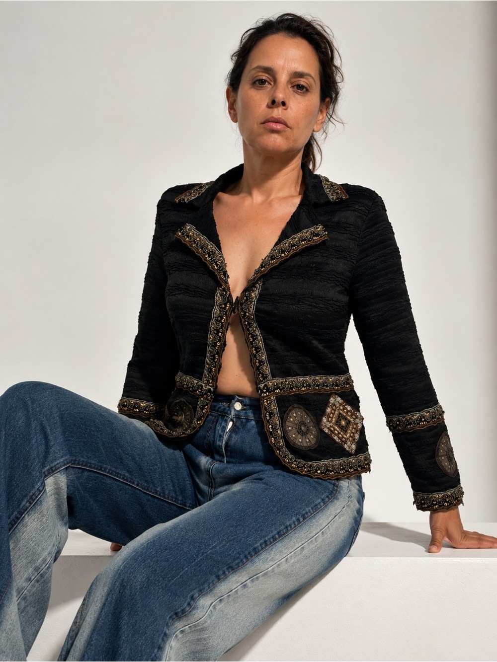 Alberto Makali Embellished Jacket Black Crinkle Beaded Sequins Open Front S/M